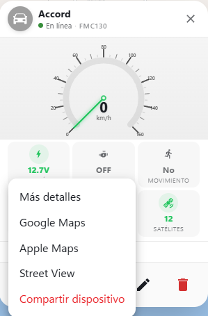 Opciones para compartir ubicación de un vehículo